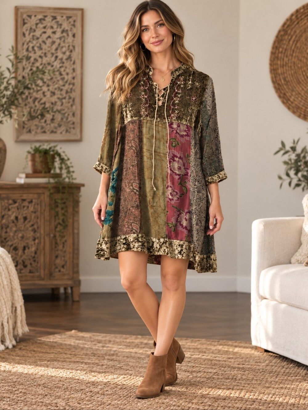521.Bohemian Patchwork Mini Dress in Olive with Floral Panels